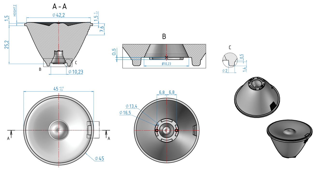 2D shematics of the 45mm PMMA collimator Color mixing