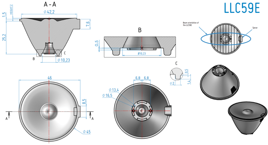 2D shematics of the 45mm PMMA collimator Color mixing - Elliptical beam