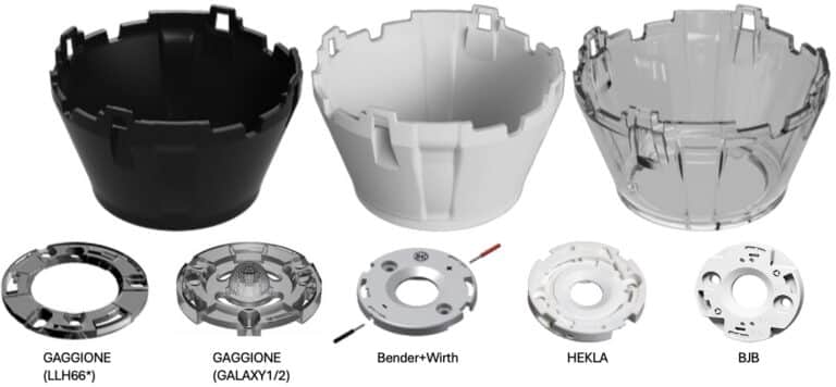 Picture of the different Cob collimator holder and bases.